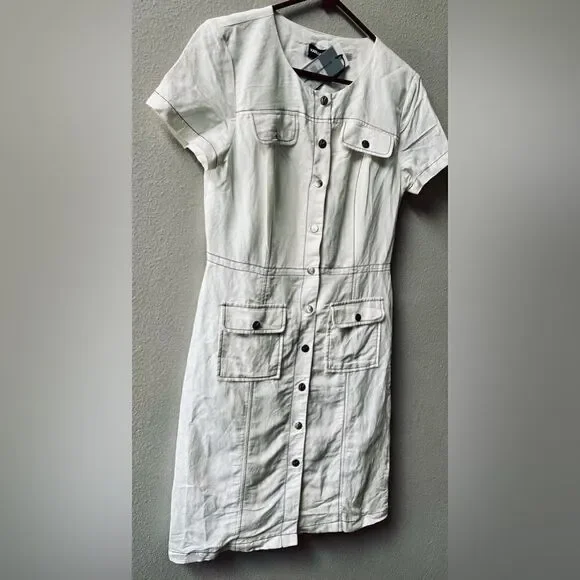Karl Lagerfeld Paris Women's Linen Blend Soft White Utility Dress Size 6~NWT - Picture 4 of 9